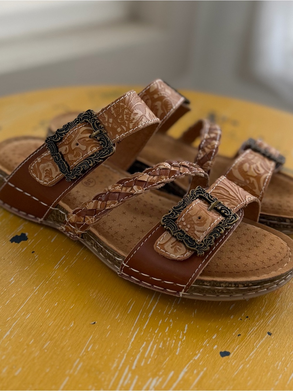 Brown Braided Strap Sandals with Decorative Buckles - Picture 5 of 5